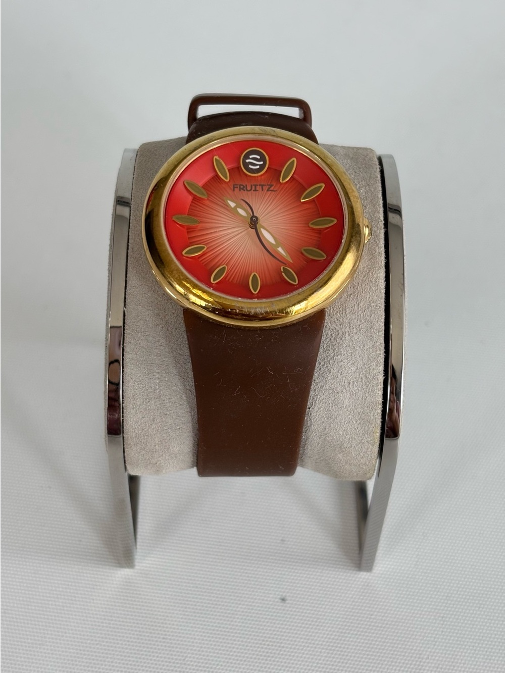 Philip Stain Fruitz wrist watchRed Dial Gold-Tone Fashion Watch with Brown Strap